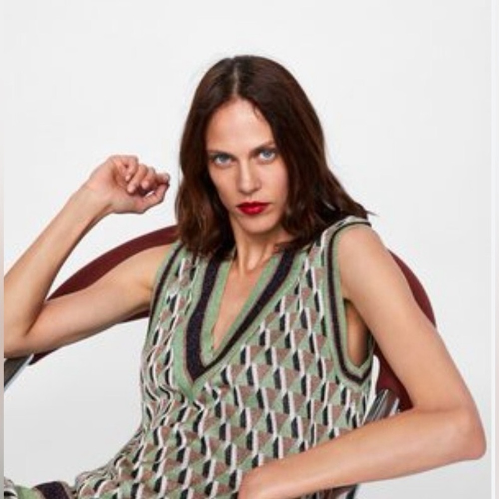 Zara Black and Green Retro Patterned Vest / Wide Leg Pant Set